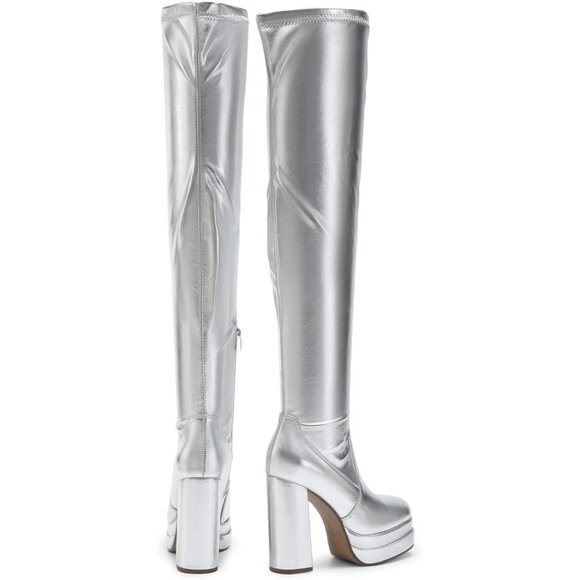 Women's Silver Polyurethane (PU) Square Toe Over The Knee Thigh High Boots - Picture 5 of 7